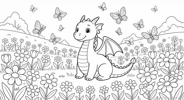 A baby dragon in a flower garden with butterflies