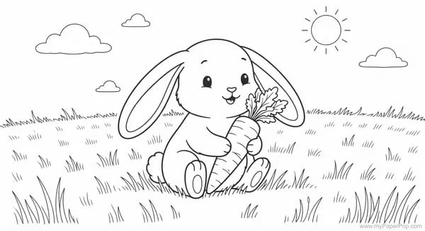 A bunny holding a carrot on a sunny day