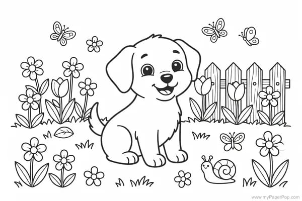 A happy puppy in a flower garden