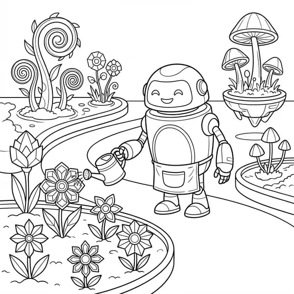 A friendly robot watering flowers